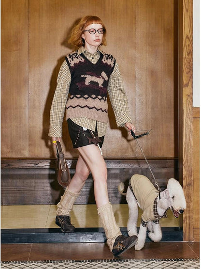 Fair Isle Ski Dog V Neck Knit Vest