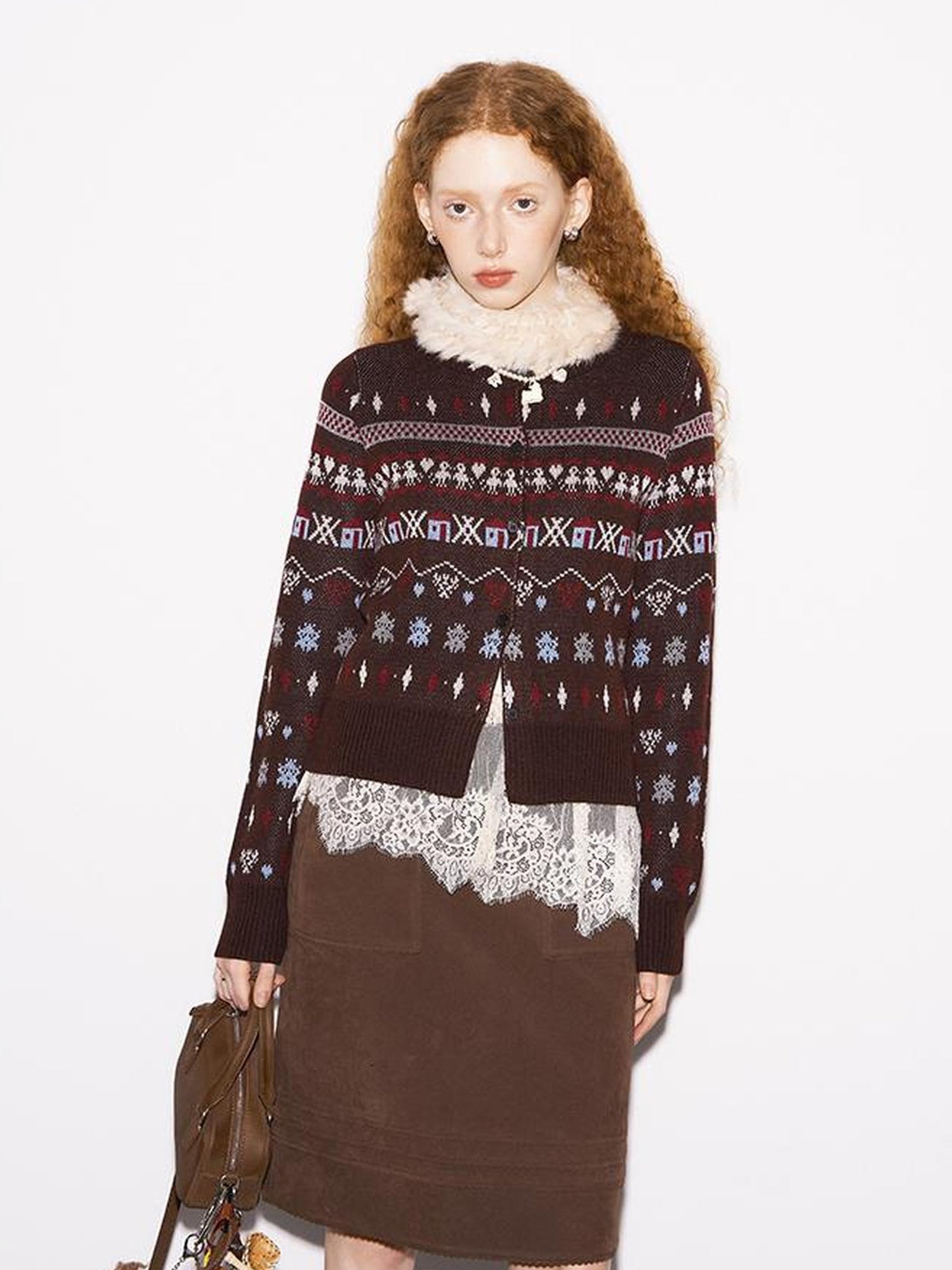 DIDDI MODA Fair Isle Vintage Playful Intarsia Wool Cardigan