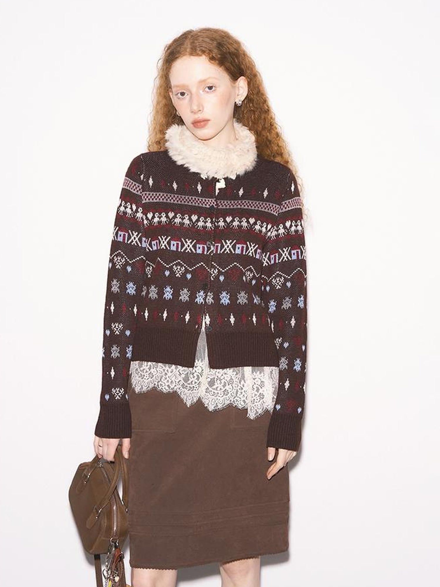 DIDDI MODA Fair Isle Vintage Playful Intarsia Wool Cardigan