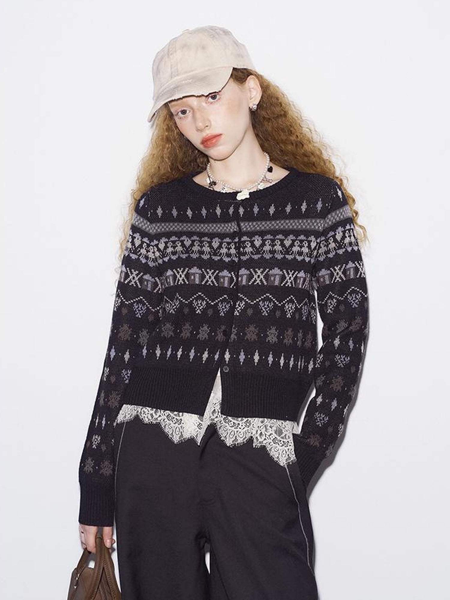 DIDDI MODA Fair Isle Vintage Playful Intarsia Wool Cardigan