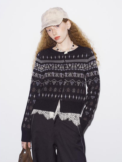 DIDDI MODA Fair Isle Vintage Playful Intarsia Wool Cardigan