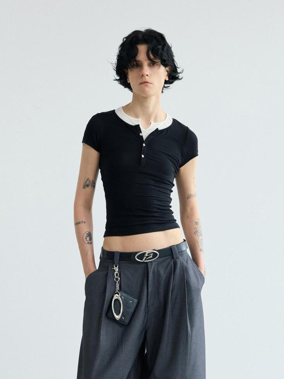 Peoplesense Fake Two Piece Slim Fit Cropped Tee With Belted Right Shoulder