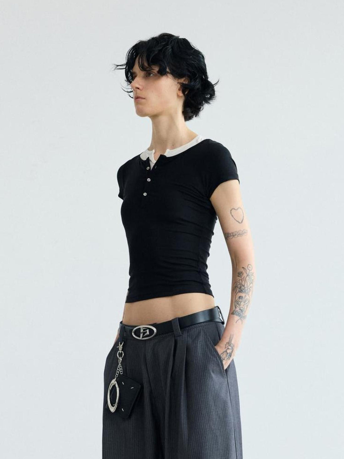 Peoplesense Fake Two Piece Slim Fit Cropped Tee With Belted Right Shoulder