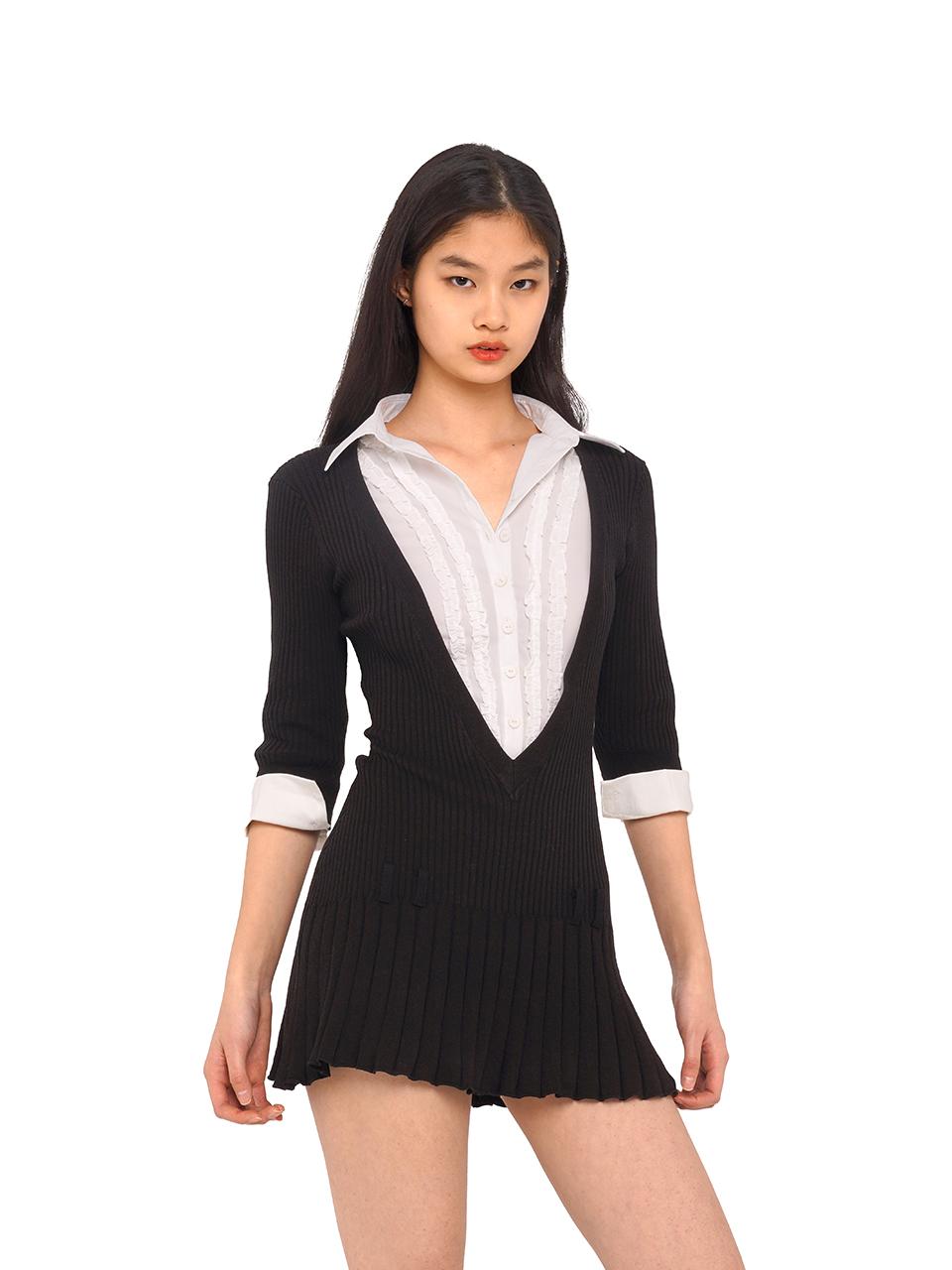 SweetChilling Fall V-Neck Shirt Collar Pleated Dress