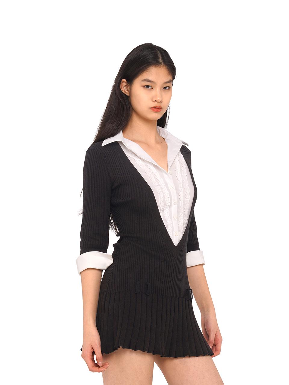 SweetChilling Fall V-Neck Shirt Collar Pleated Dress