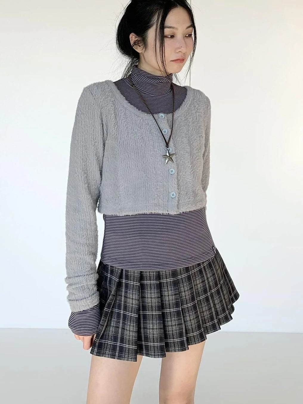 Fall Winter Brown Gray Layered Knit Cardigan Sweater
