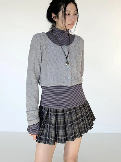 Fall Winter Brown Gray Layered Knit Cardigan Sweater