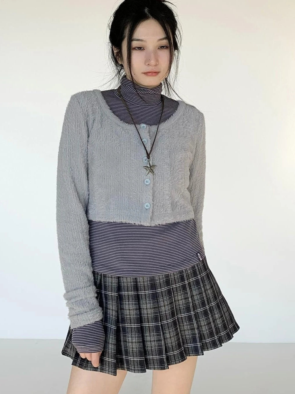 Fall Winter Brown Gray Layered Knit Cardigan Sweater
