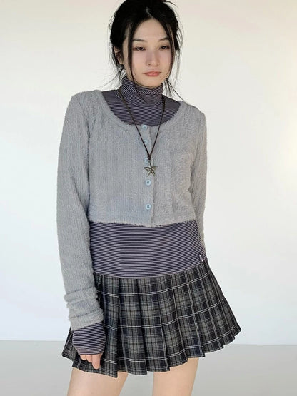 Fall Winter Brown Gray Layered Knit Cardigan Sweater