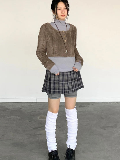 Fall Winter Brown Gray Layered Knit Cardigan Sweater