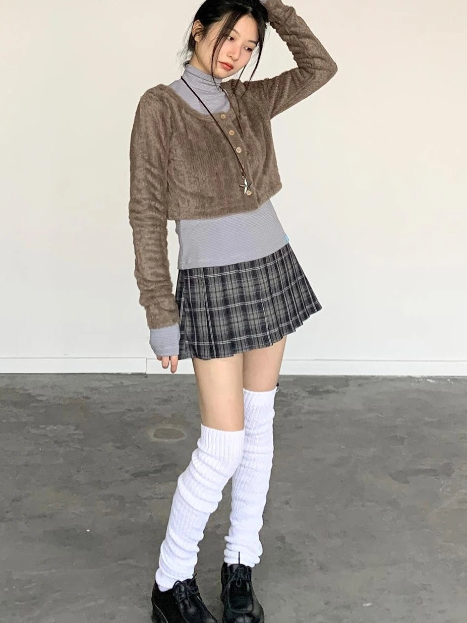 Fall Winter Brown Gray Layered Knit Cardigan Sweater