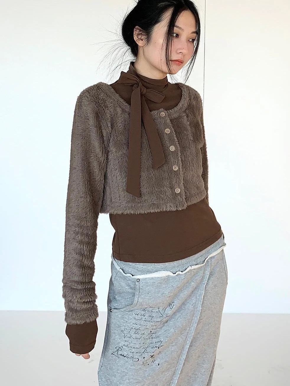 Fall Winter Brown Gray Layered Knit Cardigan Sweater