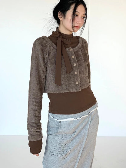 Fall Winter Brown Gray Layered Knit Cardigan Sweater