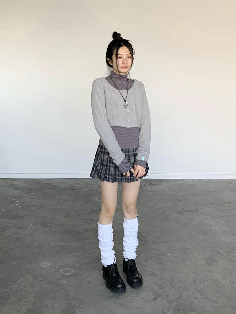 Fall Winter Brown Gray Layered Knit Cardigan Sweater