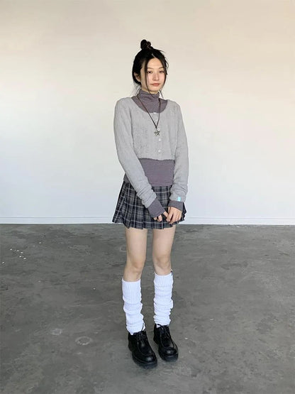 Fall Winter Brown Gray Layered Knit Cardigan Sweater