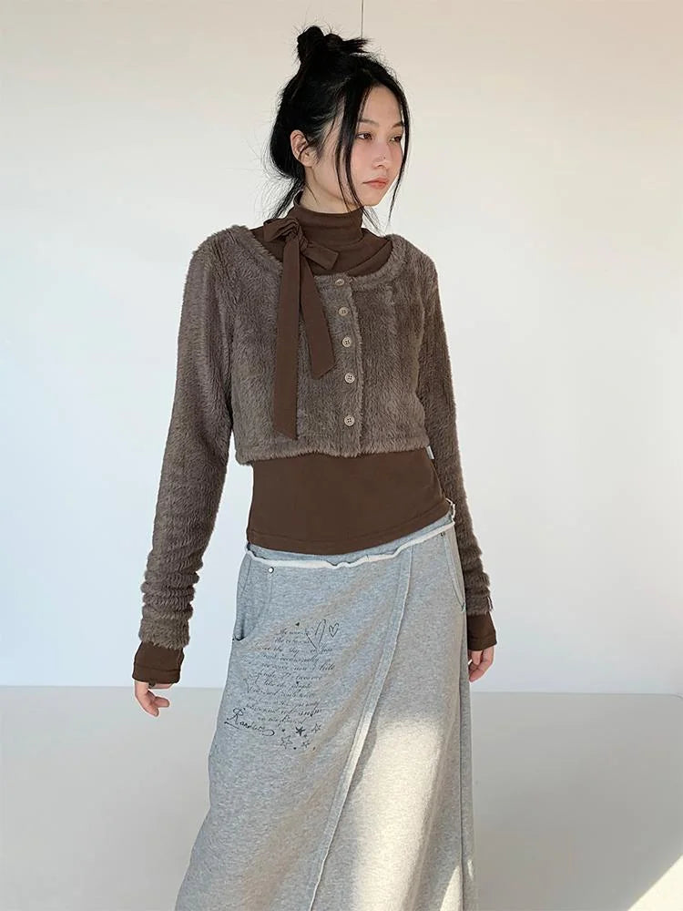 Fall Winter Brown Gray Layered Knit Cardigan Sweater