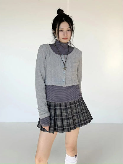 Fall Winter Brown Gray Layered Knit Cardigan Sweater