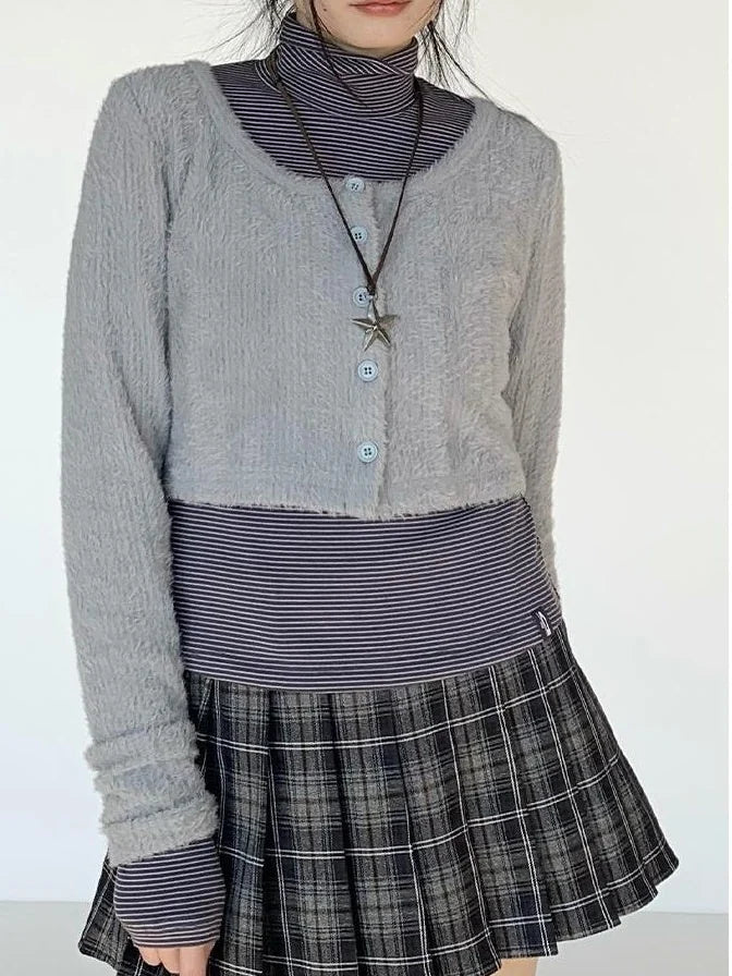 Fall Winter Brown Gray Layered Knit Cardigan Sweater