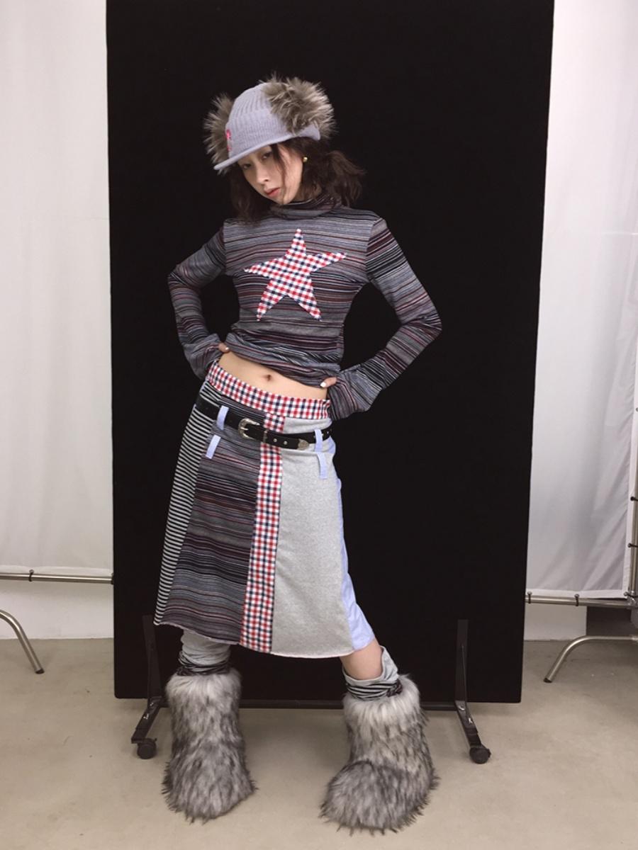 Fall Winter Knit Plaid Dopamine Cute Patch Midi Skirt