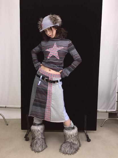 Fall Winter Knit Plaid Dopamine Cute Patch Midi Skirt