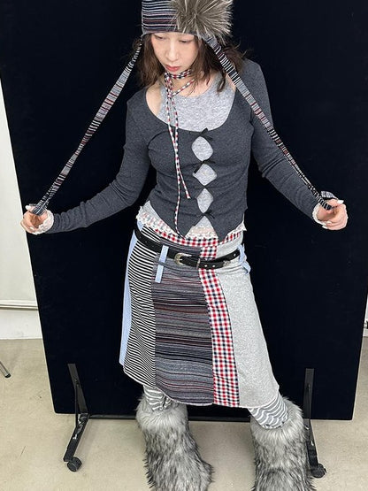 Fall Winter Knit Plaid Dopamine Cute Patch Midi Skirt