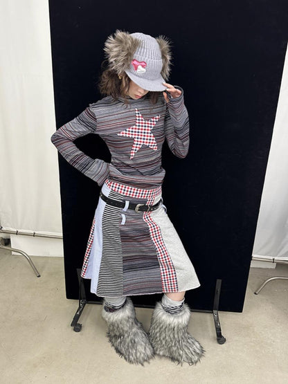 Fall Winter Knit Plaid Dopamine Cute Patch Midi Skirt