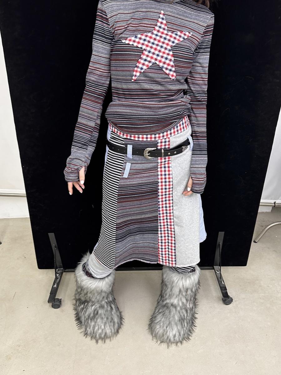 Fall Winter Knit Plaid Dopamine Cute Patch Midi Skirt