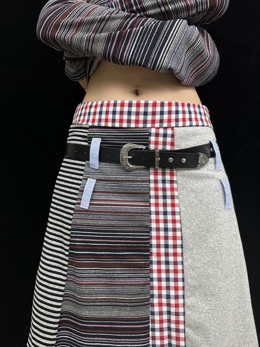Fall Winter Knit Plaid Dopamine Cute Patch Midi Skirt