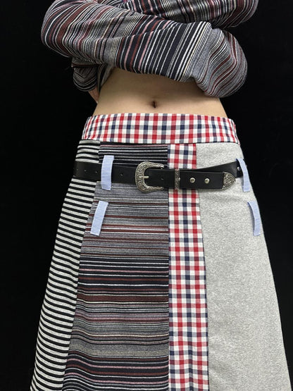 Fall Winter Knit Plaid Dopamine Cute Patch Midi Skirt
