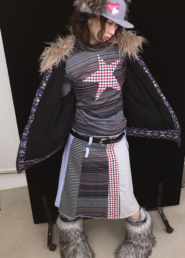 Fall Winter Knit Plaid Dopamine Cute Patch Midi Skirt