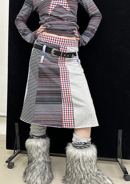 Fall Winter Knit Plaid Dopamine Cute Patch Midi Skirt