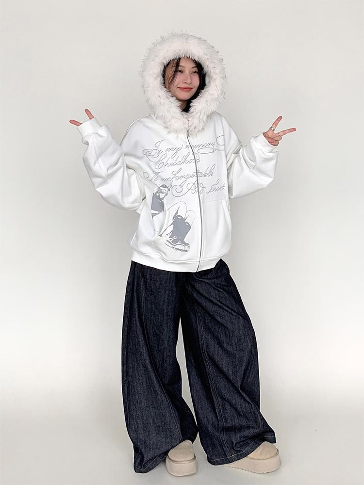 Fall Winter Mood Print Hooded Fleece Sweatshirt with Fur Trim Coat