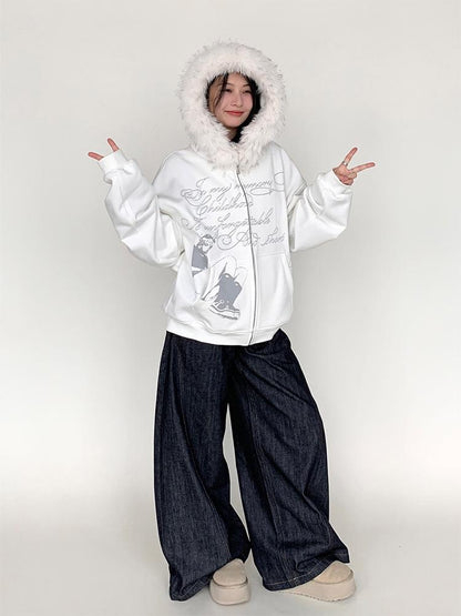 Fall Winter Mood Print Hooded Fleece Sweatshirt with Fur Trim Coat