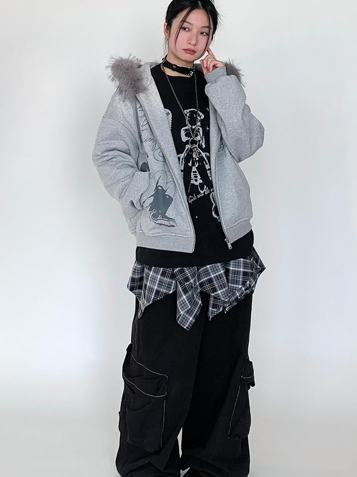 Fall Winter Mood Print Hooded Fleece Sweatshirt with Fur Trim Coat