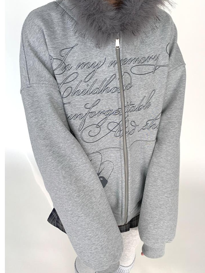 Fall Winter Mood Print Hooded Fleece Sweatshirt with Fur Trim Coat