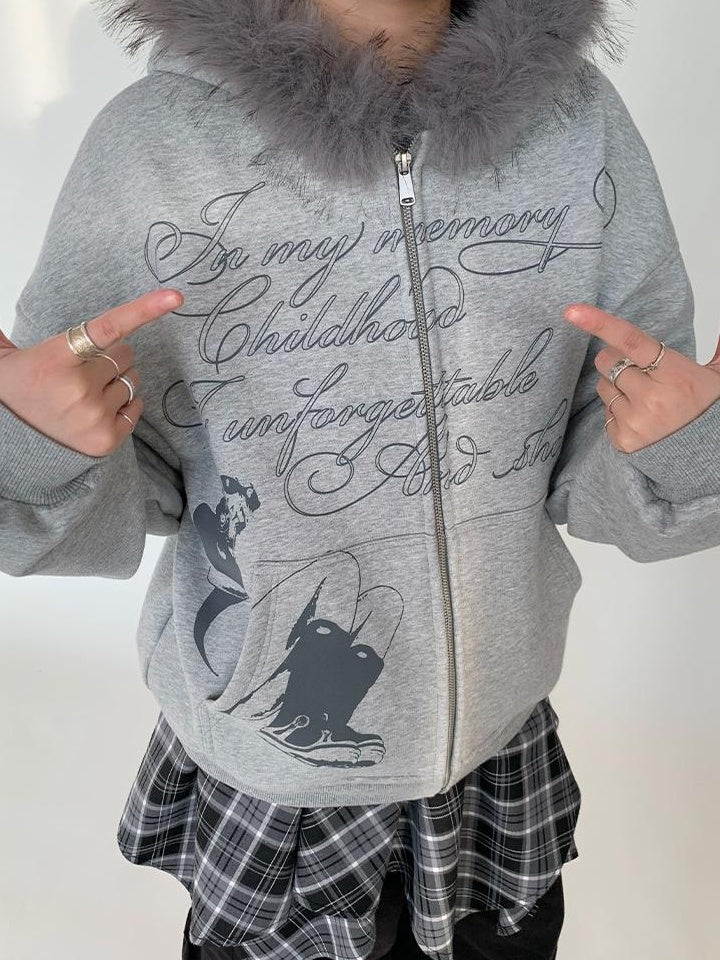 Fall Winter Mood Print Hooded Fleece Sweatshirt with Fur Trim Coat