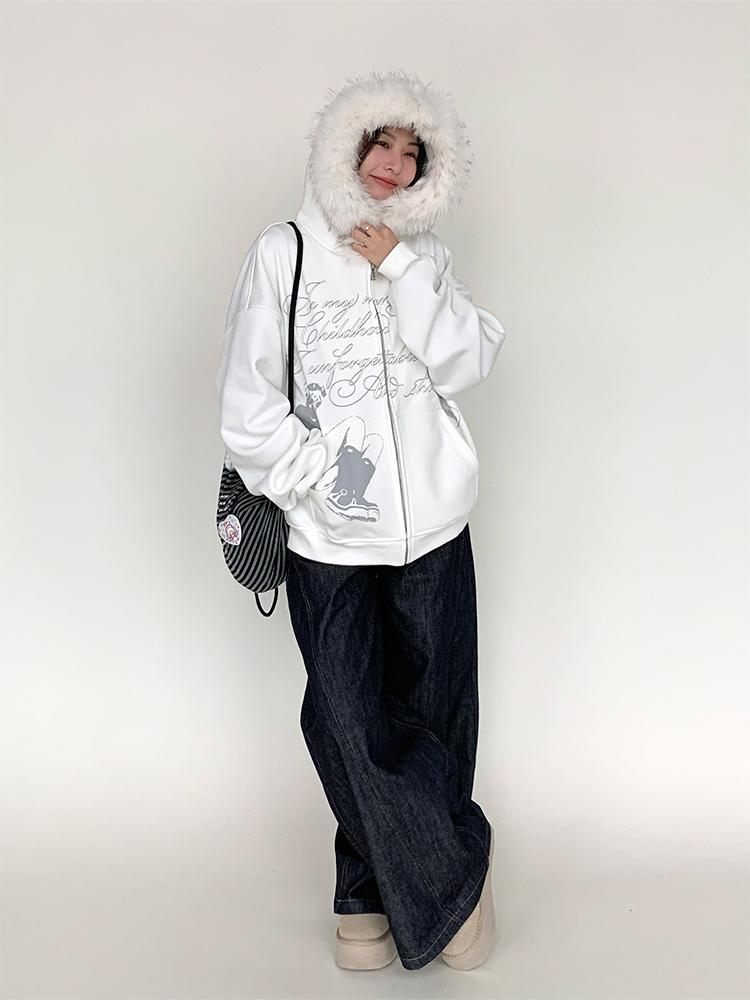 Fall Winter Mood Print Hooded Fleece Sweatshirt with Fur Trim Coat