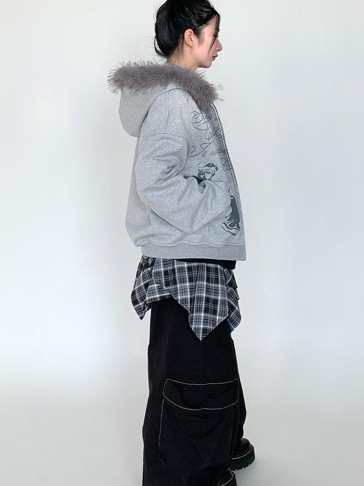 Fall Winter Mood Print Hooded Fleece Sweatshirt with Fur Trim Coat