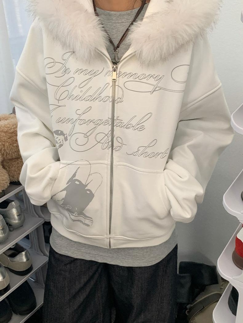 Fall Winter Mood Print Hooded Fleece Sweatshirt with Fur Trim Coat
