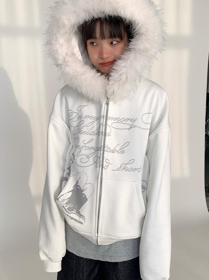 Fall Winter Mood Print Hooded Fleece Sweatshirt with Fur Trim Coat