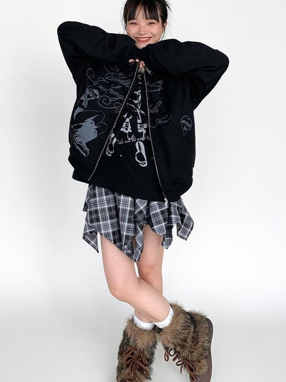 Fall Winter Mood Print Hooded Fleece Sweatshirt with Fur Trim Coat