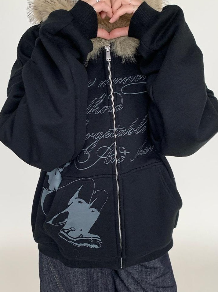 Fall Winter Mood Print Hooded Fleece Sweatshirt with Fur Trim Coat