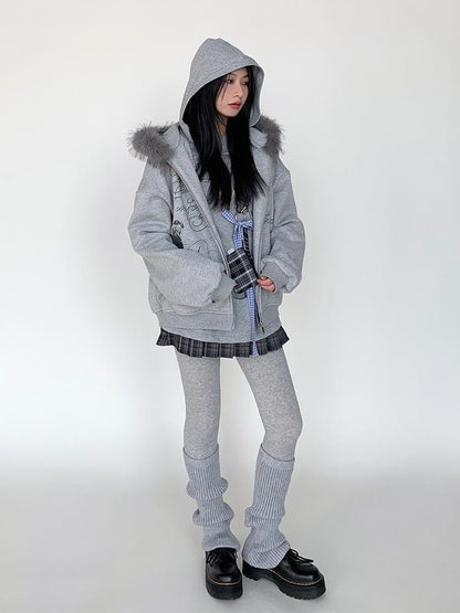 Fall Winter Mood Print Hooded Fleece Sweatshirt with Fur Trim Coat