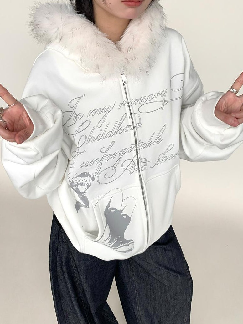Fall Winter Mood Print Hooded Fleece Sweatshirt with Fur Trim Coat