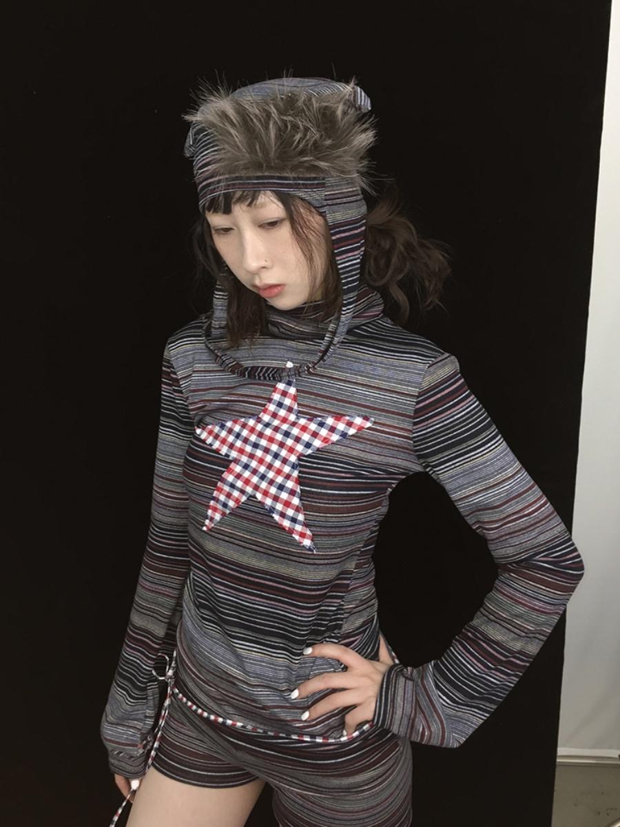 Fall Winter Plaid Star Striped Soft Knit T-Shirt