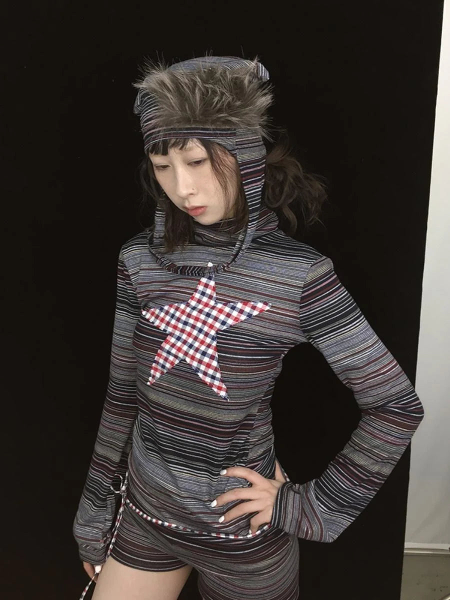 Fall Winter Plaid Star Striped Soft Knit T-Shirt