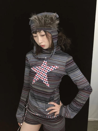 Fall Winter Plaid Star Striped Soft Knit T-Shirt