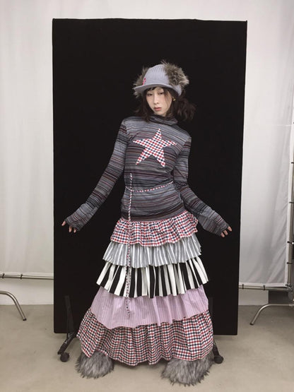 Fall Winter Plaid Star Striped Soft Knit T-Shirt