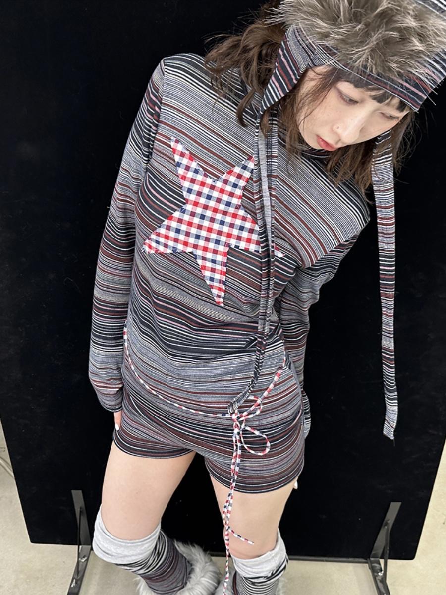 Fall Winter Plaid Star Striped Soft Knit T-Shirt