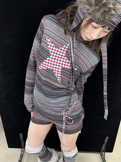 Fall Winter Plaid Star Striped Soft Knit T-Shirt